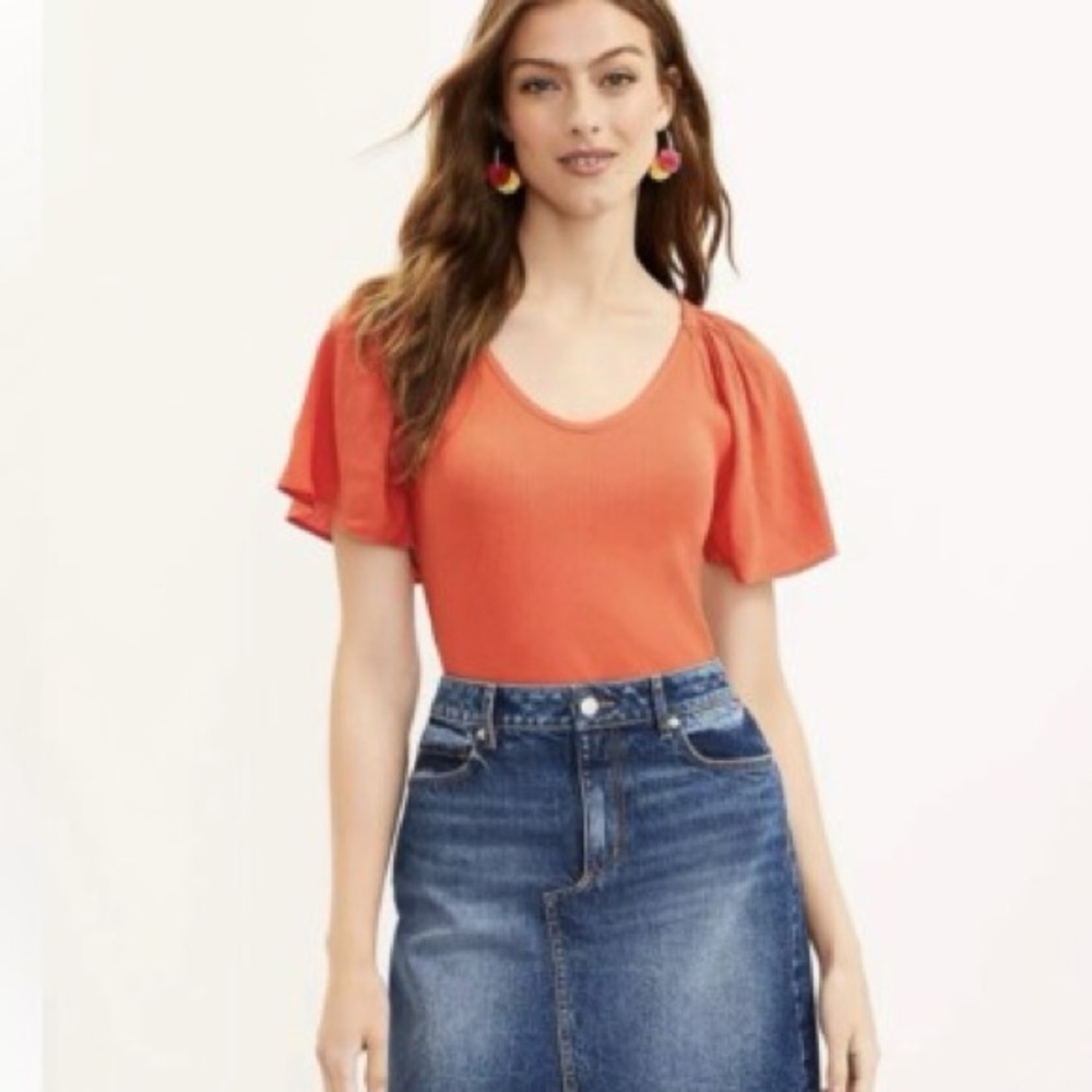 LOFT Ribbed Flutter Sleeve Mixed Media Top - Bright Paprika - Size M